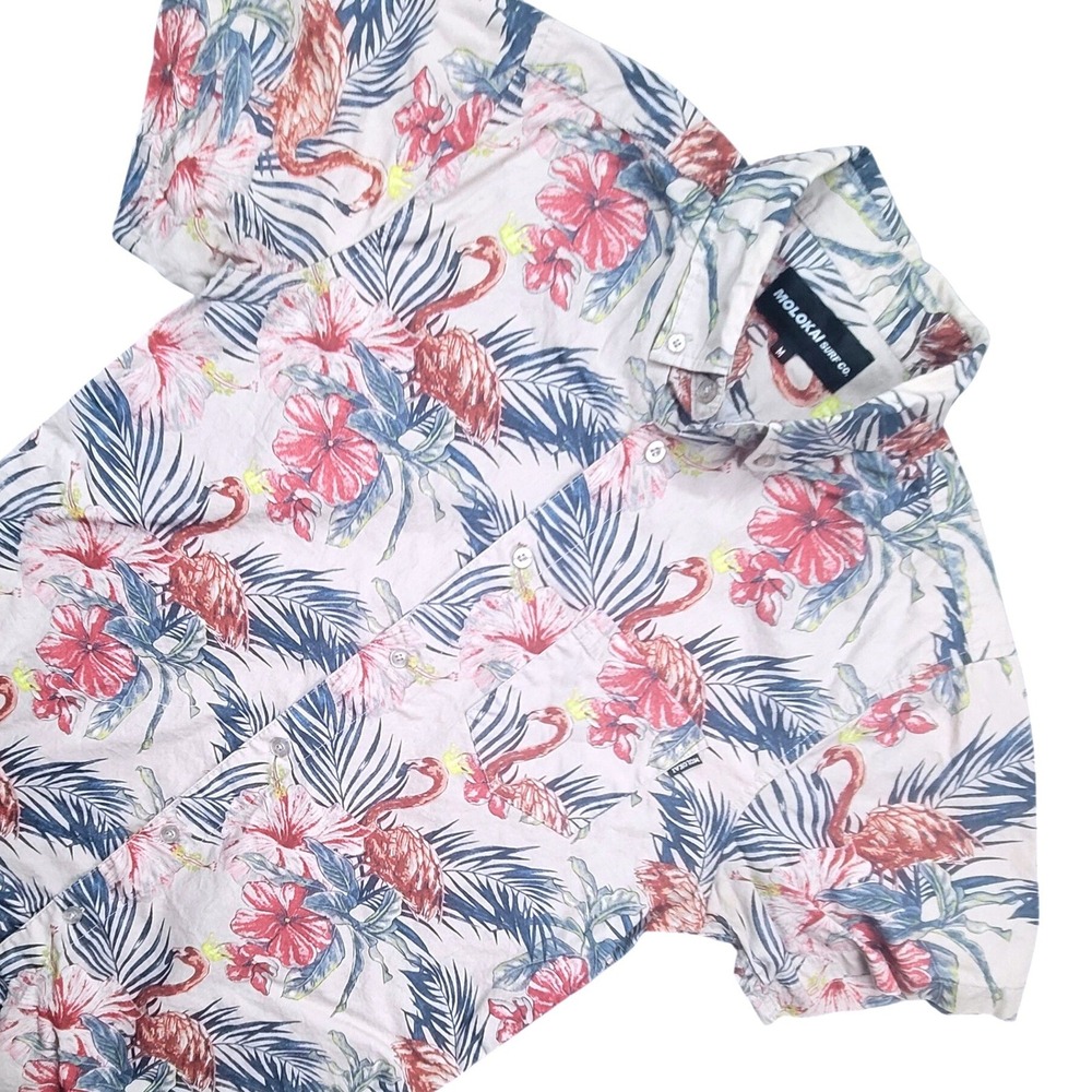 Molokai Surf Co Flamingo Hibiscus Tropical Button Mens Down Shirt Pink Medium